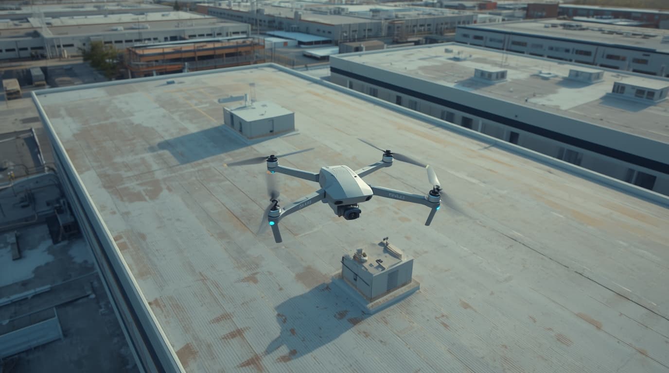 Drone with a thermal camera above a flat roof