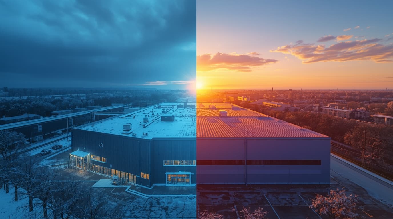 Thermal image of a roof in summer and winter